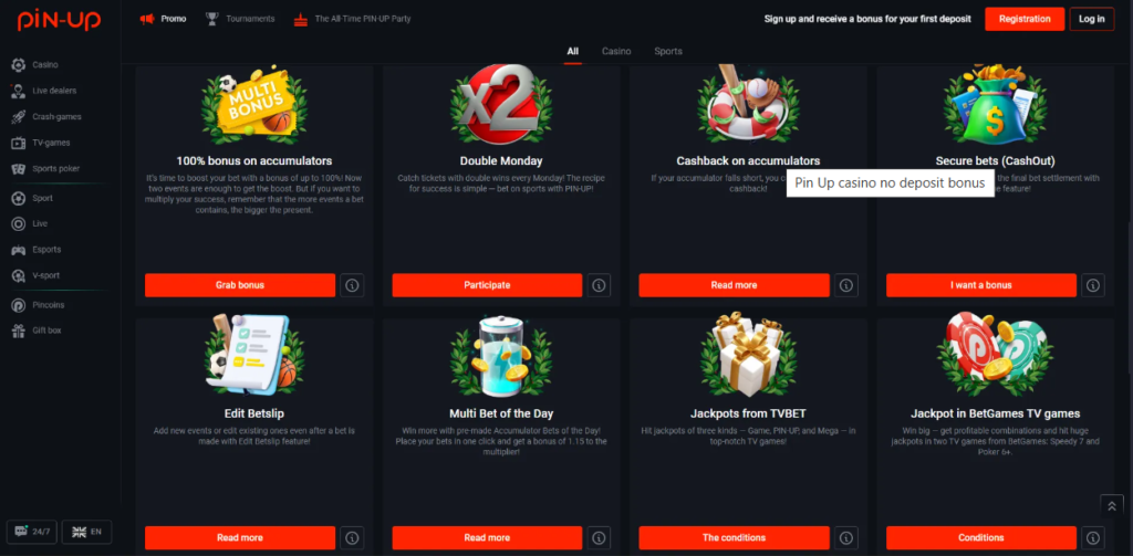 No Deposit bonus at Pin-up